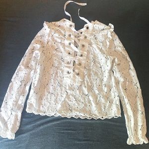 long sleeve white color floral pattern see-through shirt with ribbons